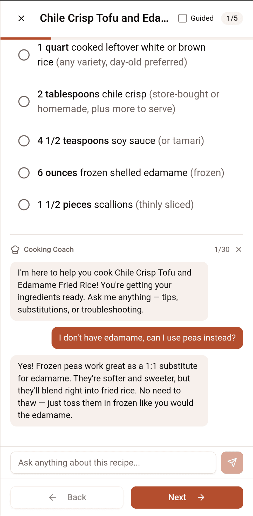 Swanyay cooking coach answering a substitution question during cooking