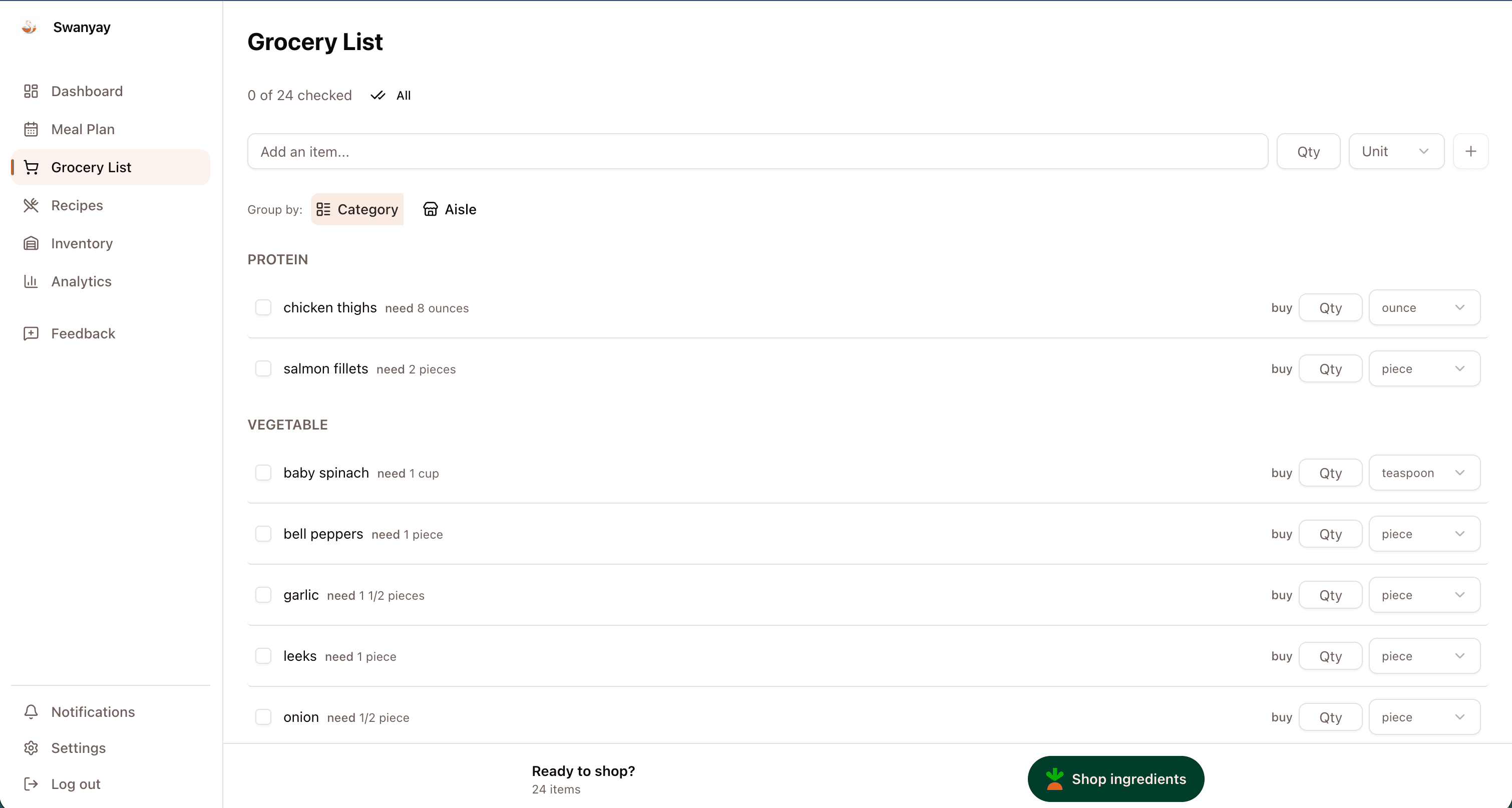 Swanyay grocery list on desktop with the Shop ingredients Instacart button
