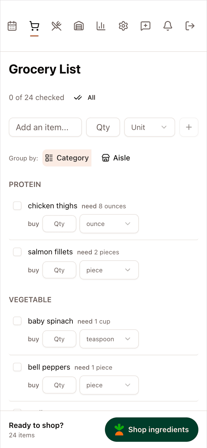 Swanyay grocery list on mobile with the Shop ingredients Instacart button